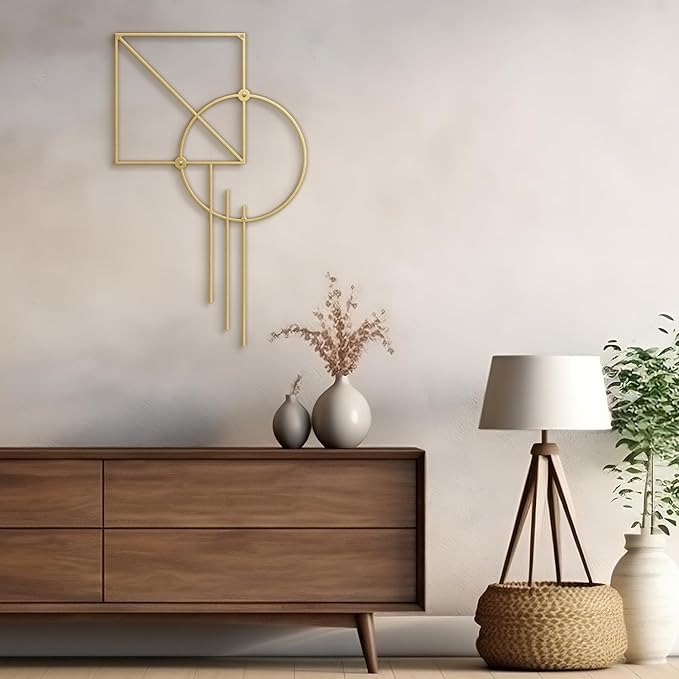 SIGNLEADER Metal Wall Decor Rectangle Circle Linear Minimalist Modern Luxury Wall Sculpture Hangings 3D Statue Home Decoration for Living Room, Bedroom, Bathroom, Kitchen, Fireplace, Office - 18" Gold