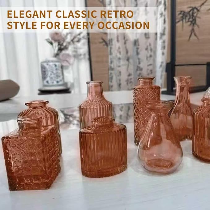 KUAGUINZUHE 12 Pcs Glass Bud Vase Set, Small Amber Vintage Flower Vases for Wedding Centerpieces in Bulk, Mini Embossed Vases for Home Table Decor, Party, Baby Shower Decorations