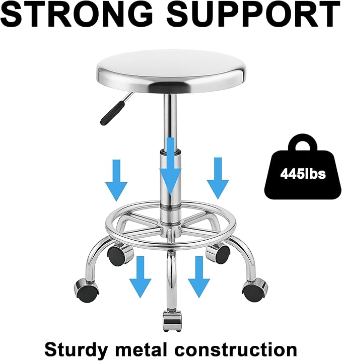 Heavy Duty Stainless Steel Stool for Work Bench, Adjustable Swivel Stool with 5 Wheels, 304 Stainless Steel Structure, Round Cushion, Load-Bearing 450 Ib
