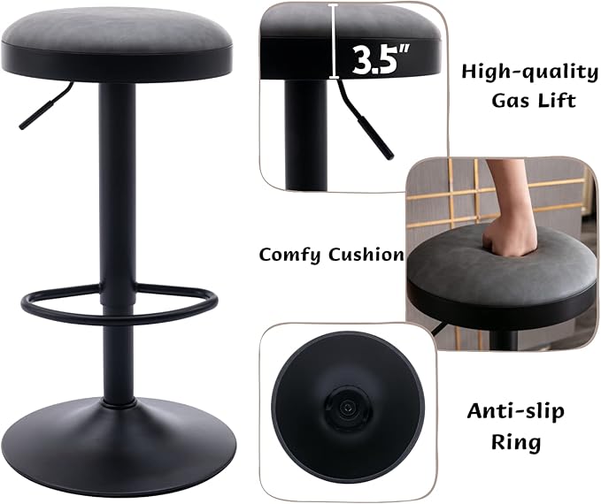 CIMOTA Swivel Round Bar Stools Set of 1 Backless Adjustable Counter Height Barstools Modern Industrial PU Leather Bar Stool Chair for Kitchen/Home Bar/Pub/Bistro/Office, Retro Grey