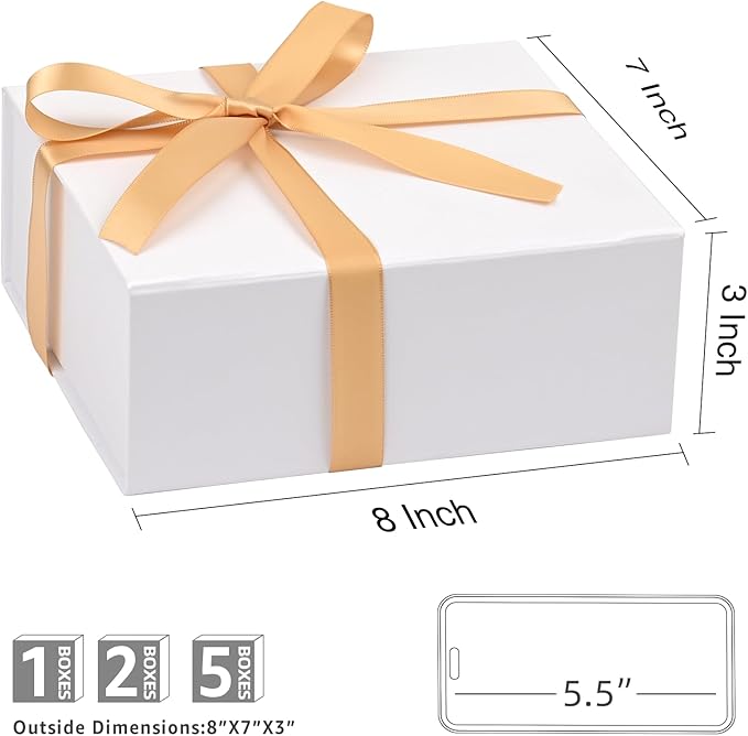 LIFELUM Black Gift Box 8 x 7 x 3 inch, Gift Box with lid Magnetic Closure Box Sturdy Box for Gift Includ Greeting Cards,Ribbon,Shredded Paper Filler for Presents (1 Pcs)