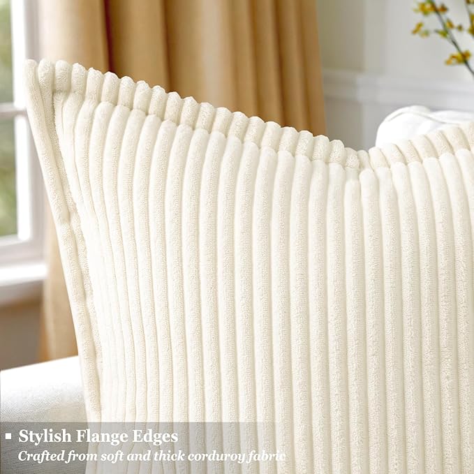 decorUhome Spring Corduroy Cream White Euro Sham Throw Pillow Covers 22x22 Set of 2 Decorative Soft Boho Farmhouse Couch Pillow Covers for Living Room Bed Sofa Broadside Striped Pillow Cases