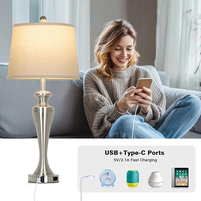 30" Table Lamps Set of 2, 3-Way Dimmable Touch Bedside Lamp with USB A+C Ports and AC Outlet, Tall Living Room Lamps for Side Table, Modern Brushed Nickel Bedroom Lamp for Nightstand, Silver
