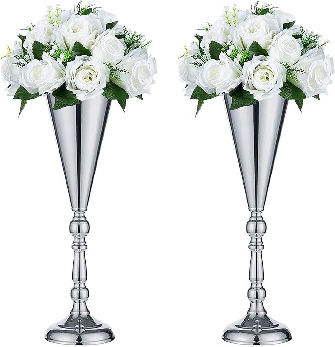 Sziqiqi Trumpet Floral Centerpiece Riser Stand for Wedding Reception Centerpieces Party Event Anniversary Birthday Decoration Flower Arrangement Pack of 2, Silver 16.5in