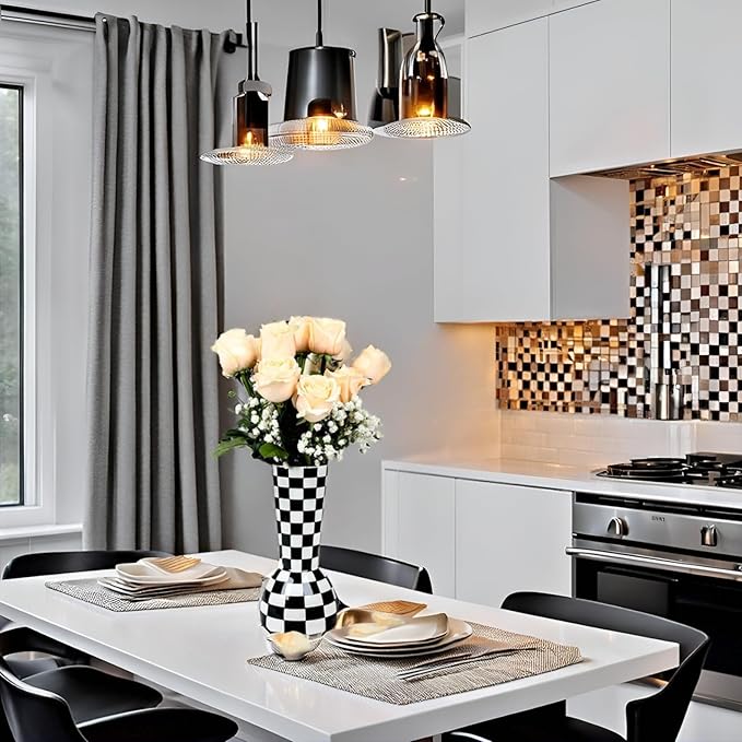 Black and White Checkered Vase, Aesthetic Modern Ins Cool Flower Vases for Home Decor, Entryway Table, Centerpieces Decoration, Kitchen, Living/Dining Room, Bedroom, Bathroom, Coffee Tables (Ceramic)