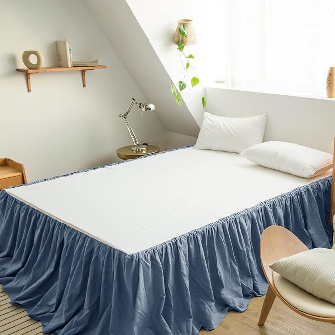 BISELINA French Linen Bed Skirt with Pleated Frills 14-Inch Tailored Drop Natural Flax Cotton Blend Dust Ruffle Soft Cozy Farmhouse Bedding (14" King, Navy Blue)