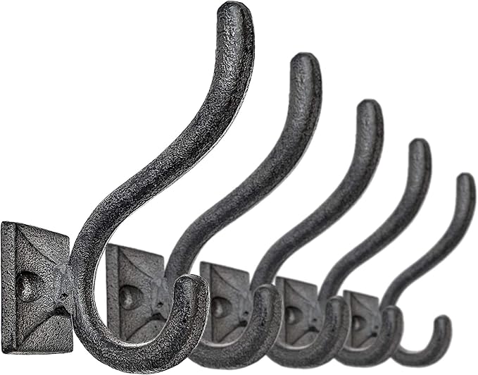 Ambipolar 5-Pack Antique Black Wall Hooks, Vintage Modern Farmhouse Style, Decorative Cast Iron Wall-Mounted Hooks, Heavy Duty Hooks for Mudroom, Bedroom, Hallway