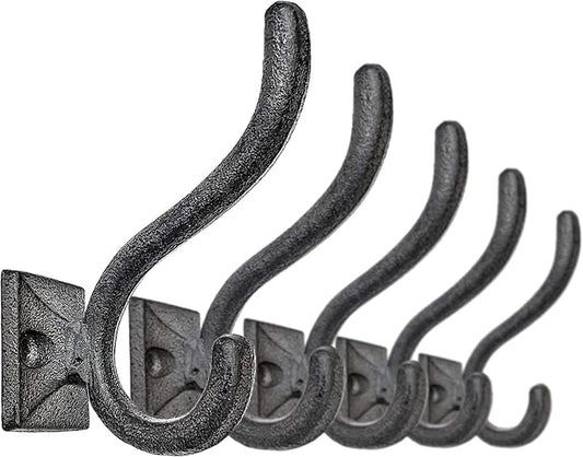 Ambipolar 5-Pack Antique Black Wall Hooks, Vintage Modern Farmhouse Style, Decorative Cast Iron Wall-Mounted Hooks, Heavy Duty Hooks for Mudroom, Bedroom, Hallway