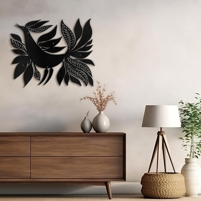 SIGNLEADER Metal Wall Art Decor Bird with Leaves Minimalist Modern Abstract Wall Sculpture Hangings Home Decoration for Living Room, Bedroom, Bathroom, Kitchen, Outdoor - 18" Black