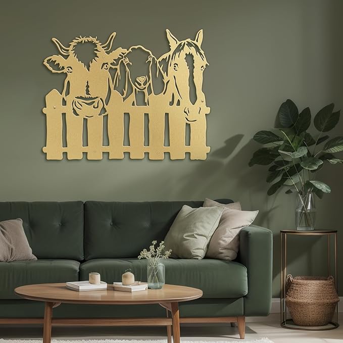 SIGNLEADER Metal Wall Art Decor Cows, Sheep, Horses by the fence Minimalist Modern Abstract Wall Sculpture Hangings Home Decoration for Living Room, Bedroom, Bathroom, Kitchen, Outdoor - 18" Gold