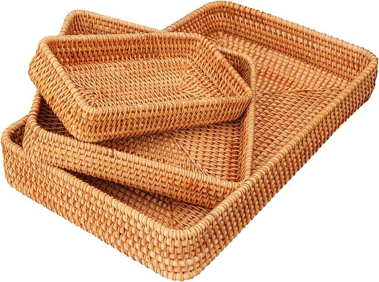Set of 3 Handwoven Rattan Serving Tray - 3 Size Rectangular Rattan Woven Trays for Organizing & Serving, Home & Kitchen Decor