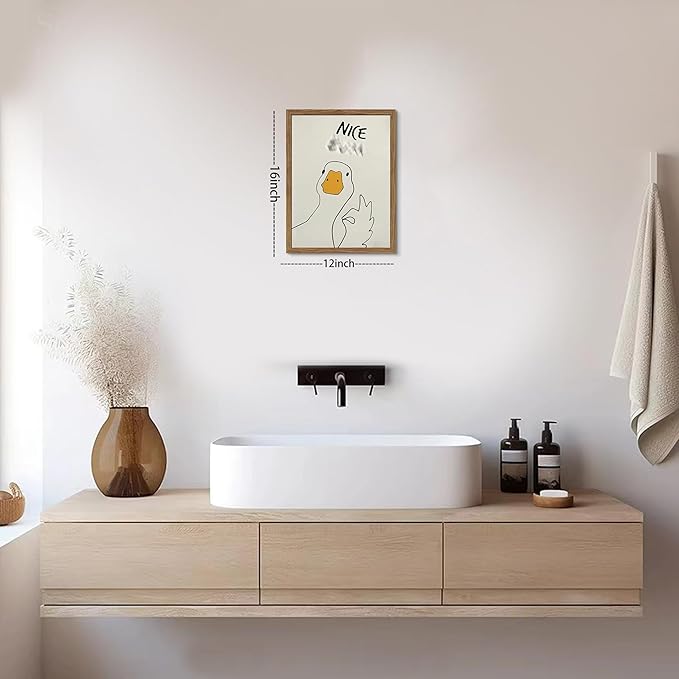 Framed Funny Duck Bathroom Wall Art, Humorous Canvas Wall Decor Painting, Minimalist Farmhouse Cute Goose Animal Print Posters Pictures for Bathroom Restroom 16x24 Inch