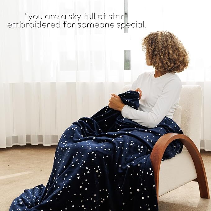 NANPIPER Fleece Blankets,Soft Fuzzy Star Foil Print Throw,Embroidered Letter Gift,Luxury Cozy Microfiber Twin Size,65"x 80" Navy