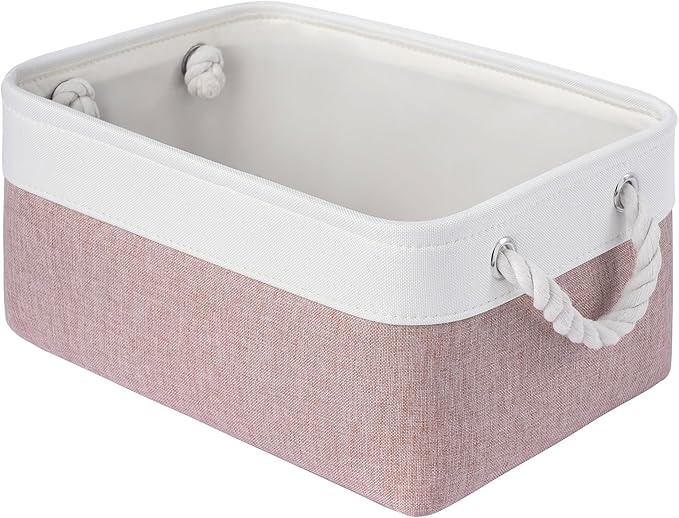Storage Baskets for Shelves 13.8x9.8x6.7 Inch, Foldable Fabric Storage Bins with Handles, Small Storage Baskets for Organizing Closet, Office, Home Organization (1-Pack, White&Pink)