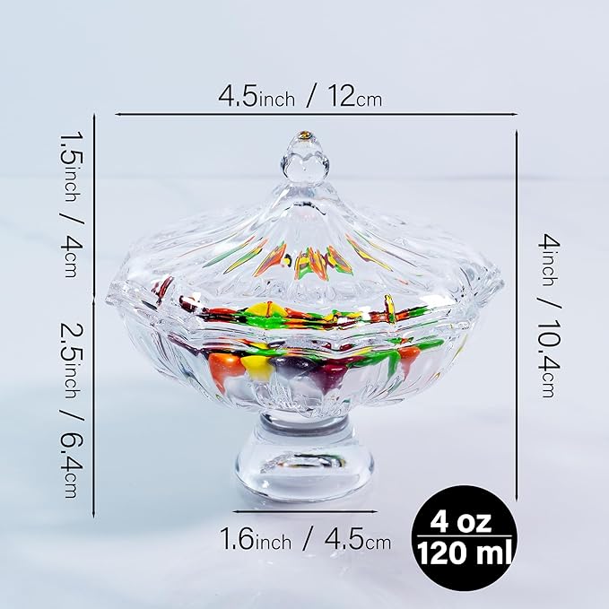 Glass Candy Dish with Lid 4oz, Clear Decorative Crystal Bowl with Thick Base – Small Dessert Bowl for Ice Cream, Jewelry, Candies, Nuts, Candle Holder, Party and Table Decor
