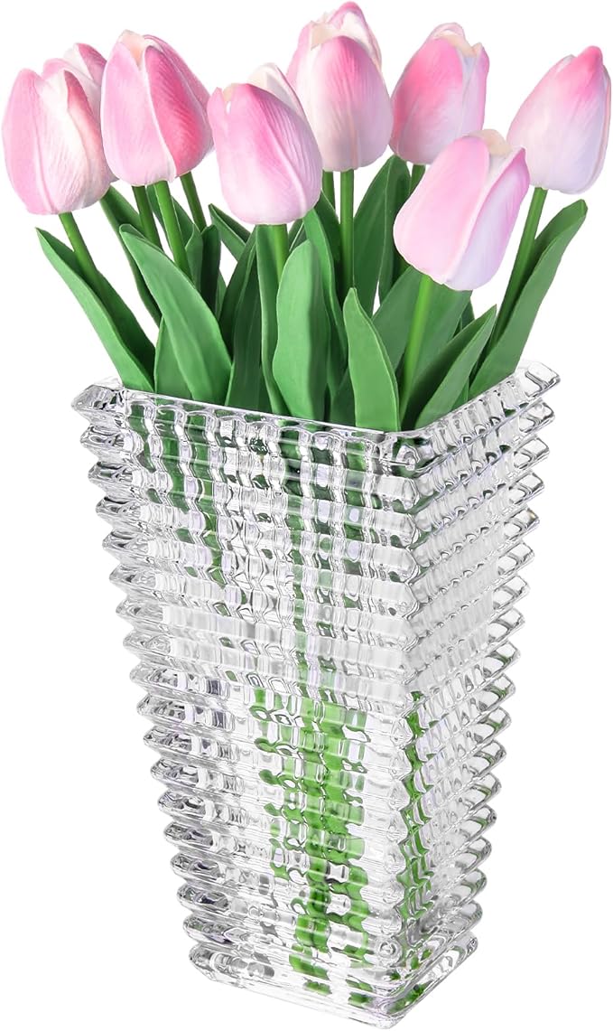 Faux Flowers in Vase, Artificial Pink Tulips Flowers Floral Arrangements with Glass Vase Flower vases with Bouquet for Table Centerpiece, Coffee Table Decor, Home Kitchen, Living Room, Bathroom Decor