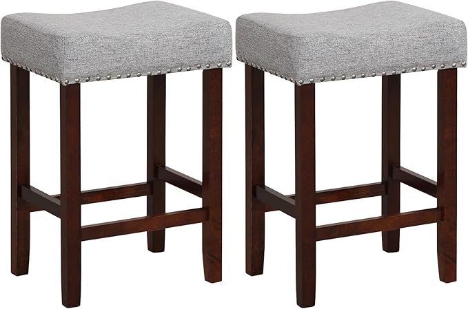 Giantex 25" Counter Height Bar Stools Set of 2 - Backless Saddle Barstools with Nailhead Linen Foam Seat, Max Load 330 Lbs Wood Bar Stools with Foot Rest for Kitchen Island, Grey