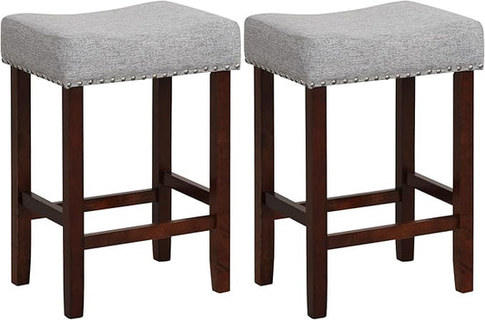 Giantex 25" Counter Height Bar Stools Set of 2 - Backless Saddle Barstools with Nailhead Linen Foam Seat, Max Load 330 Lbs Wood Bar Stools with Foot Rest for Kitchen Island, Grey