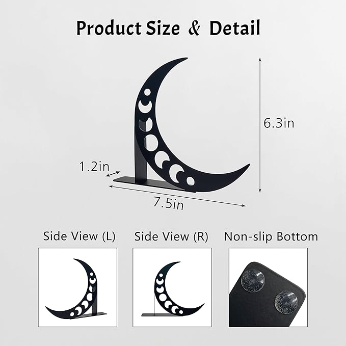 Moon Metal Bookends Moon Phase Decor Moon Book Ends for Shelves Bookshelf Decorative Objects Home Office Desk Bookshelf Decor Nice Gifts for Moon Phase Lovers, Black