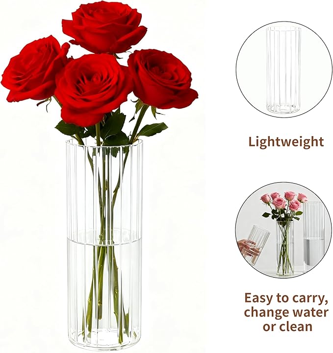 Flower Vase, Non-breakable Vase for Flower, Ribbed Acrylic Vase, 4"W x 12"H Tall Clear Cylinder Vases for Centerpieces, Living Room, Dining Table, Office, Bookshelf Decoration Housewarming Gift