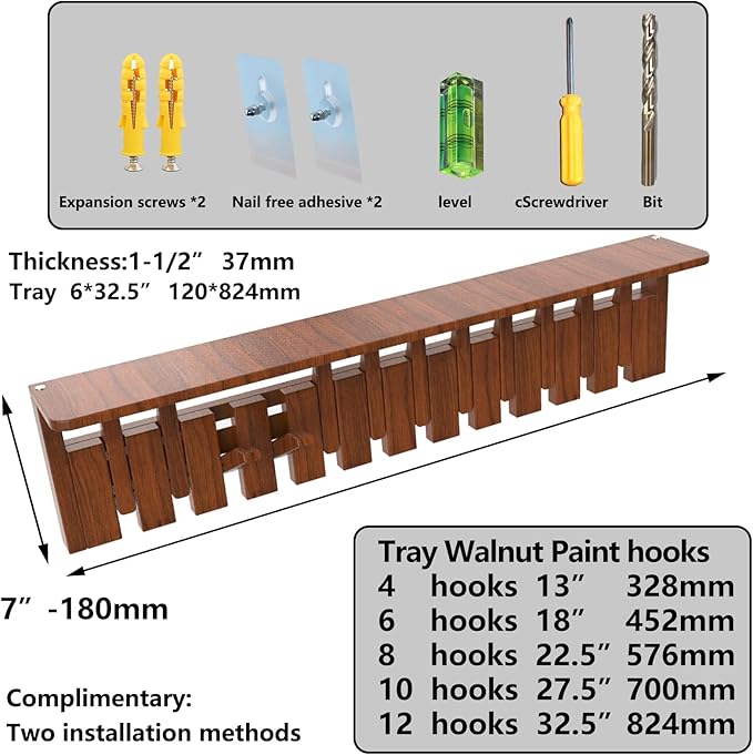 Wall Mounted Piano Key Hanger | Flip Style Hook | Entrance Wall Art Hook, Made of Oak Wood (3 Times Painted, 4 Times Polished) (Tray Walnut-Beech, 6Hooks)