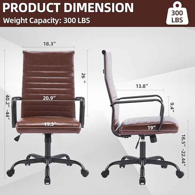 Haranuo Office Chair, Ergonomic Executive Conference Room Chairs, Ribbed Leather Desk Chair with Lumbar Support, Adjustable Height Mid-Back Swivel Chair with Padded Seat