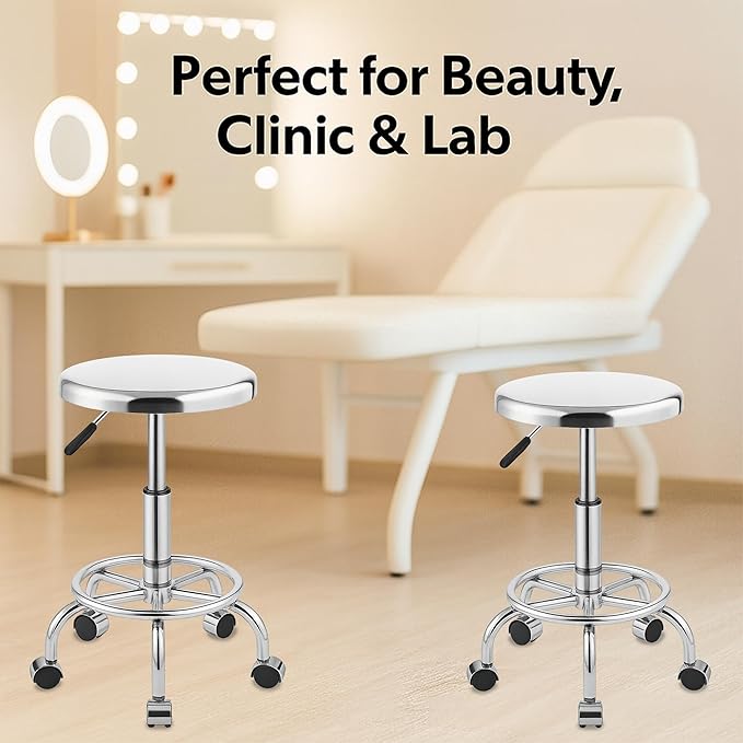 Heavy Duty Stainless Steel Stool for Work Bench, Adjustable Swivel Stool with 5 Wheels, 304 Stainless Steel Structure, Round Cushion, Load-Bearing 450 Ib