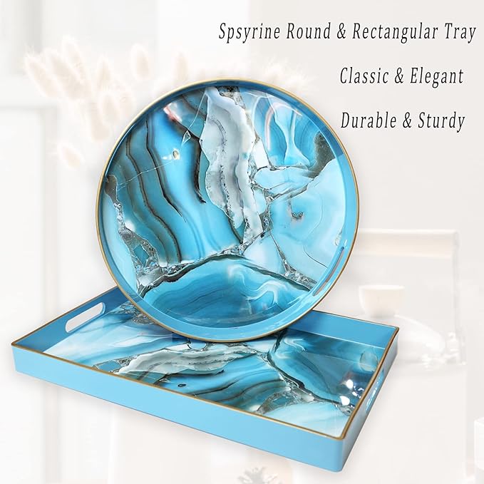 Spsyrine Round Decorative Tray, 13" Plastic Marbel Serving Tray with Handles for Breakfast, Ottoman, Coffee Table, Bathroom, Kitchen, Living Room