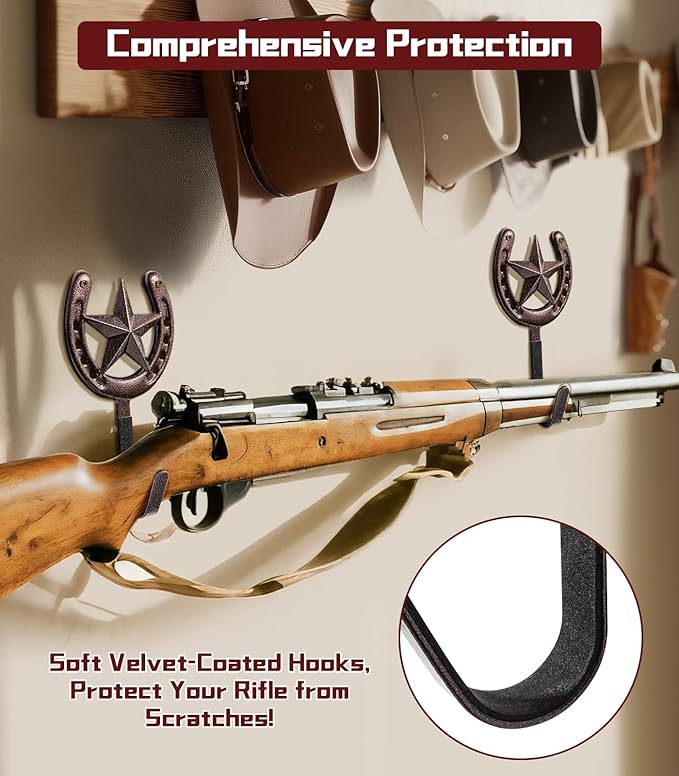 Adowes Gun Rack for Wall Western Shotgun Rifle Rack Wall Mount Metal Wall Gun Hanger Holder Display for Sword Bow Firearm Texas Star and Horseshoe