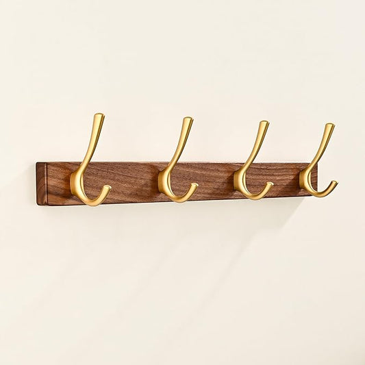17.3" Small Walnut Wood Coat Rack Wall Mount with 4 Hooks, Heavy Duty Wooden Jacket Hanger Door Mounted for Decorative Entryway Bathroom Hanging Towel Backpack Purse Clothes Hat Key Gold