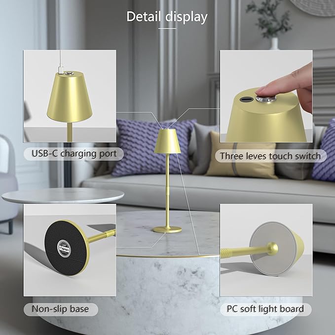 4-Pack Cordless Table Lamps - 5000mAh Rechargeable Battery Operated Desk Lamp, 3-Level Dimmable LED Night Light for Bedroom, Dining, Restaurant - Metal Design (Champagne Gold 4Pack)