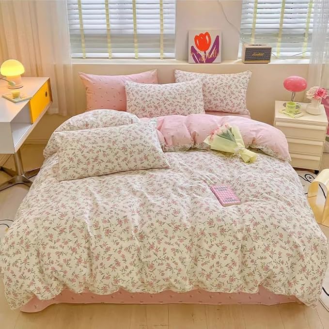 LifeTB Cotton Floral Duvet Cover Twin Pink White Bedding Sets Vintage Style Flower Botanical Boho Aesthetic Comforter Chic Garden with Zipper Closure, Twin(68/''x86/'')