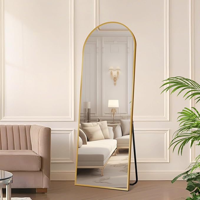Full Length Mirror with Stand, Gold Arched Full Body Mirror, Aluminum Alloy Thin Frame - Freestanding/Leaning/Wall Mount for Bedroom, Living Room & Entryway
