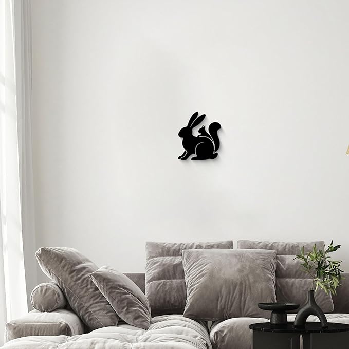 GlintHome Black Metal Wall Art - Rabbit and Squirrel Cute Silhouette Wall Decor for Bathroom Bedroom Living Room Home Decor