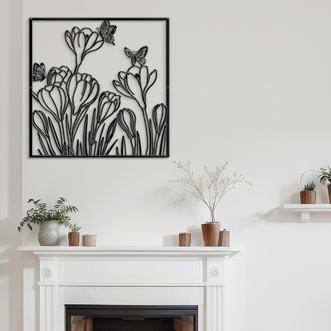 SIGNLEADER Metal Wall Art Decor Butterflies and Wildflowers Minimalist Modern Abstract Wall Sculpture Hangings Home Decoration for Living Room, Bedroom, Bathroom, Kitchen, Outdoor - 18" Black