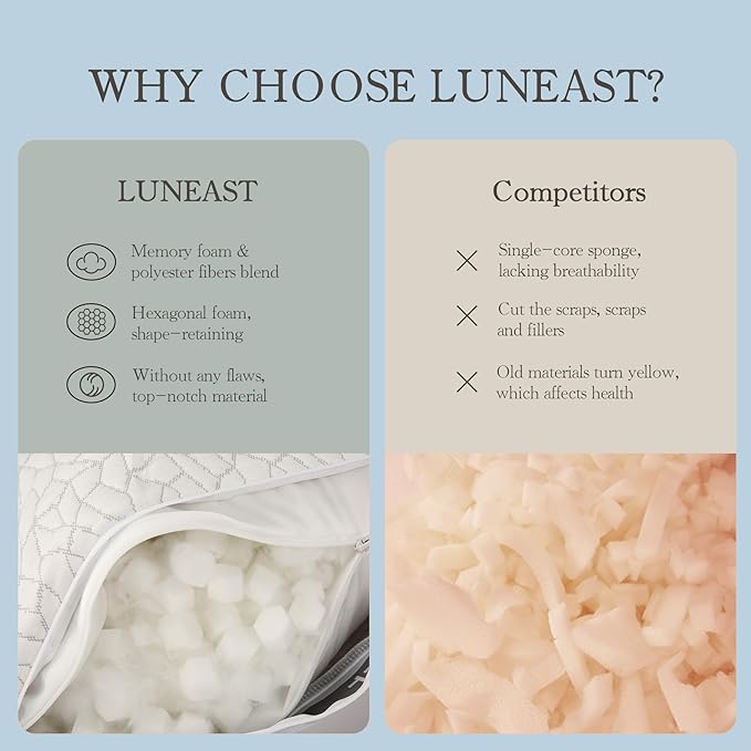 Luneast Memory Foam Pillows for Sleeping Adjustable Bamboo Blend Breathable Bed Pillow for Side, Back, and Stomach Sleepers Washable Pillow Cover Cloud Nest King Size 18X34 in