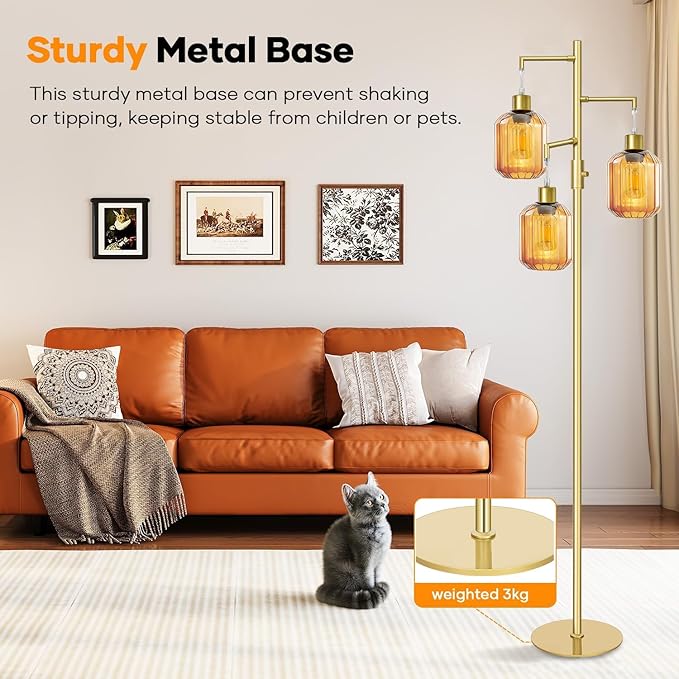 LVYE Gold Floor Lamp for Living Room, Modern Mid Century Standing Lamp with Amber Glass Shade, Dimmable Tall Tree Lamp with 3×6W LED Bulbs, Tall Lamp for Bedroom Office