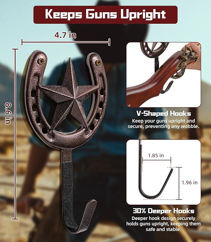 Adowes Gun Rack for Wall Western Shotgun Rifle Rack Wall Mount Metal Wall Gun Hanger Holder Display for Sword Bow Firearm Texas Star and Horseshoe