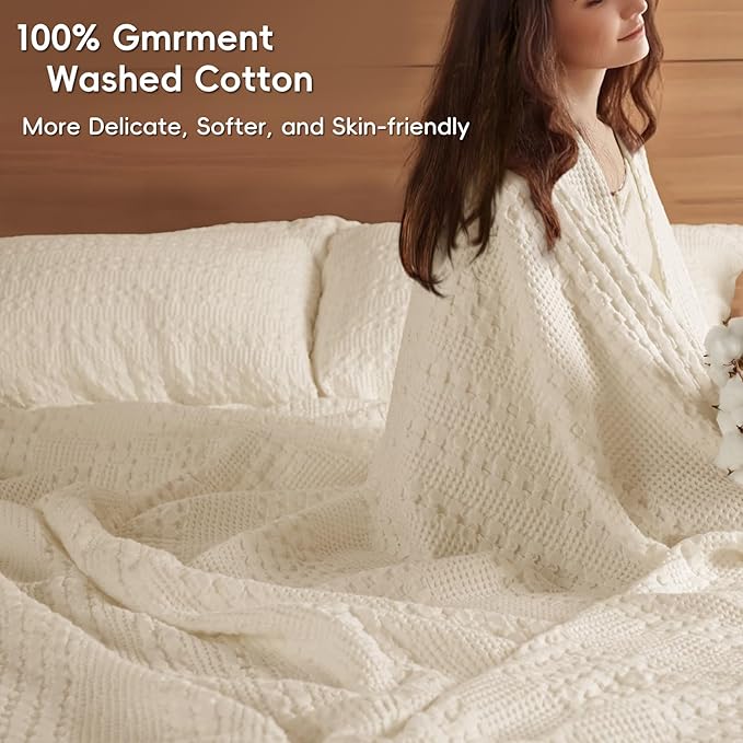 PHF 100% Cotton Waffle Weave Blanket King Size for Bed, Soft Lightweight & Breathable, All-Season Comfort, 300 GSM Luxury Aesthetic Blanket for Home Decor, 108"x90", Natural