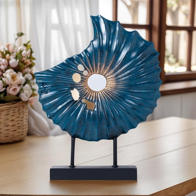 Unique Round Coin Sculpture Decorative Objects for Shelf Home Decor Accents, Modern Abstract Tabletop Decor Items for Living Room Fireplace Mantel, Above Cabinet (Blue L)