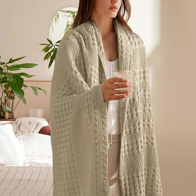 PHF 100% Cotton Waffle Weave Throw Blanket, Soft Lightweight Breathable Cozy Throws for Couch Bed Sofa, 300 GSM Luxury Aesthetic Blanket Gift for Home Decor & Office, 50"x60", Khaki