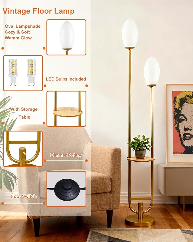 Lightdot Gold Dimmable Floor Lamp with 2 Oval Lampshades, Unique U-Shaped Tall Standing Lamps with Table& Warm White LED Bulbs, Mid Century Modern Floor Lamp for Living Room/Bedroom/Wedding/Party