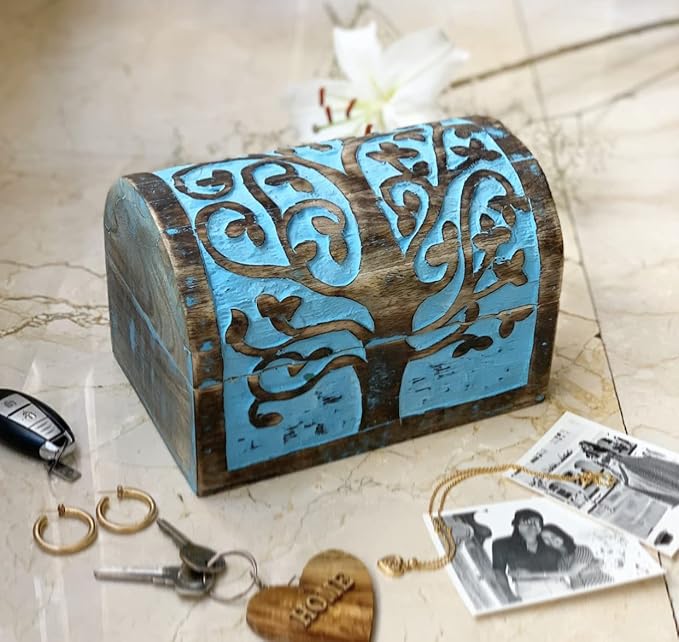 Great Birthday Gift Ideas Handmade Decorative Wooden Jewelry Box With Tree of Life Carvings Jewelry Organizer Keepsake Box Treasure Chest Trinket Holder Watch Box Storage Lock Box (Blue Wash Finish)