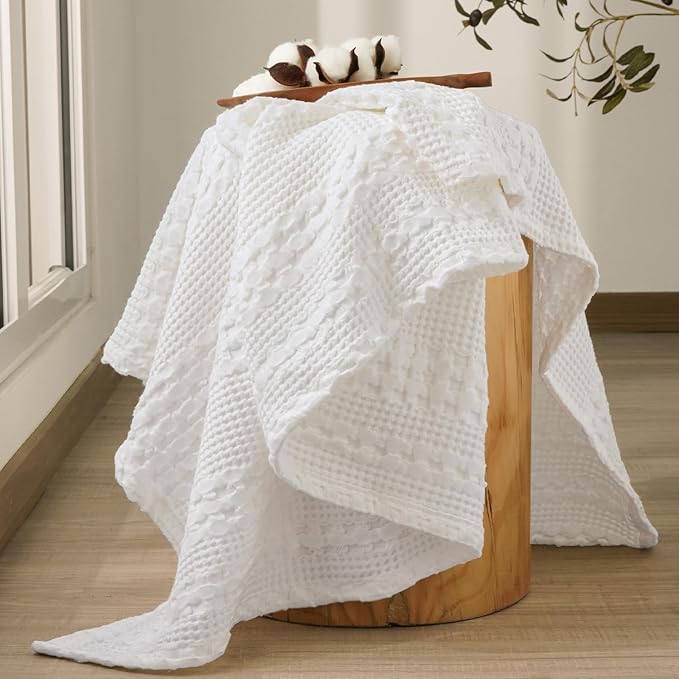 PHF 100% Cotton Waffle Weave Throw Blanket, Soft Lightweight Breathable Cozy Throws for Couch Bed Sofa, 300 GSM Luxury Aesthetic Blanket Gift for Home Decor & Office, 50"x60", White