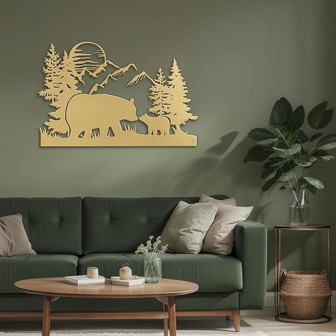 SIGNLEADER Metal Wall Art Decor Bear, Pine, Mountains Minimalist Modern Abstract Wall Sculpture Hangings Home Decoration for Living Room, Bedroom, Bathroom, Kitchen, Outdoor - 18" Gold