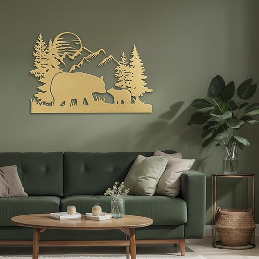 SIGNLEADER Metal Wall Art Decor Bear, Pine, Mountains Minimalist Modern Abstract Wall Sculpture Hangings Home Decoration for Living Room, Bedroom, Bathroom, Kitchen, Outdoor - 18" Gold