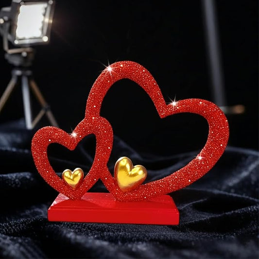 Double Heart Sculpture Valentine’s Day Statue, Faux Beaded Texture with Gold Accents, 7.9" Red Romantic Decor for Shelf, Mantel, Bedroom, Wedding, for Her