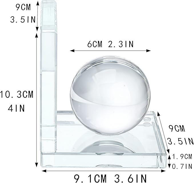 1 Pair Crystal Bookends with Crystal Ball Decorative Ornaments,L Shape Non-Skid Sturdy Book Ends for Heavy Books,Book Holder Stopper for Shelf Office Home (4inch,Clear)