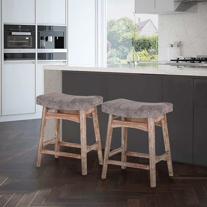 Sophia & William Counter Height Bar Stools for Kitchen Island, 24" Counter Stools with Solid Wood Legs,Vintage Linen Seat Upholstered Farmhouse Bar Stools,Grey,1PC