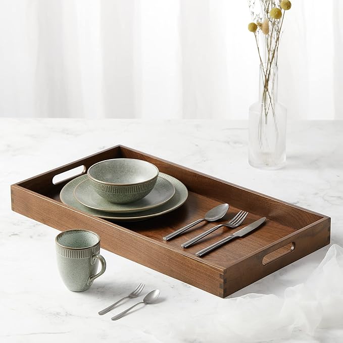 24"x13" XL Wooden Ottoman Tray with Handle FSC Natural Handmade Black Walnut Serving Tray Vintage Decorative Platters for Oversized Ottoman Kitchen